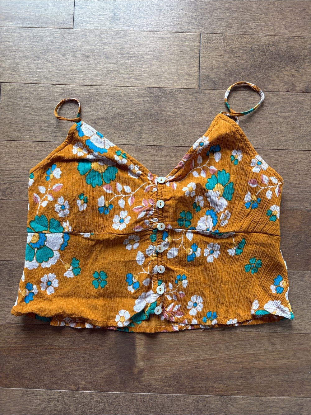 Floral Mustard Button-Front Cropped Cami